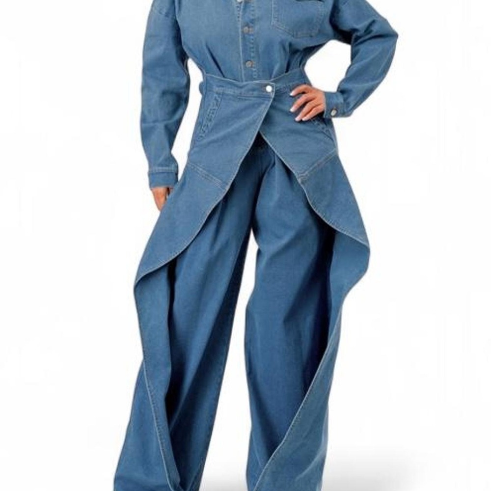 Women's Denim Wrap Style Jumpsuit with Pockets Button Front Denim Jumpsuit